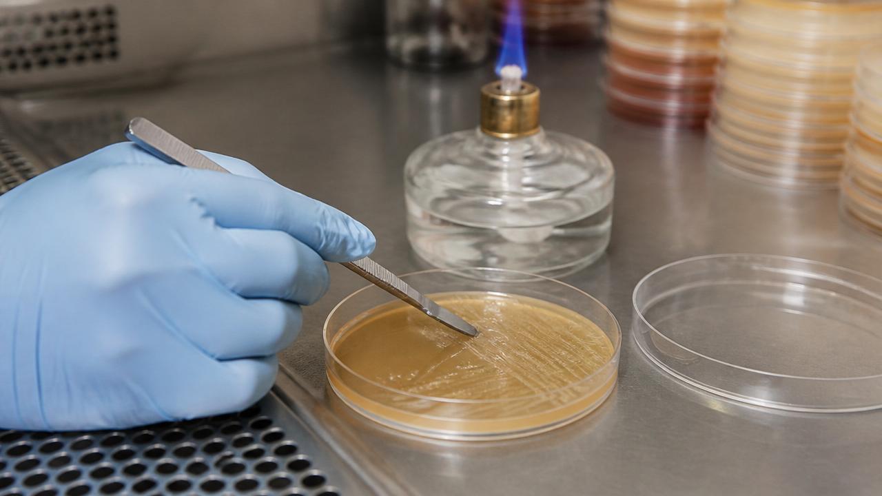 Sterile inoculation near an alcohol lamp — the flame keeps airborne contaminants at bay.