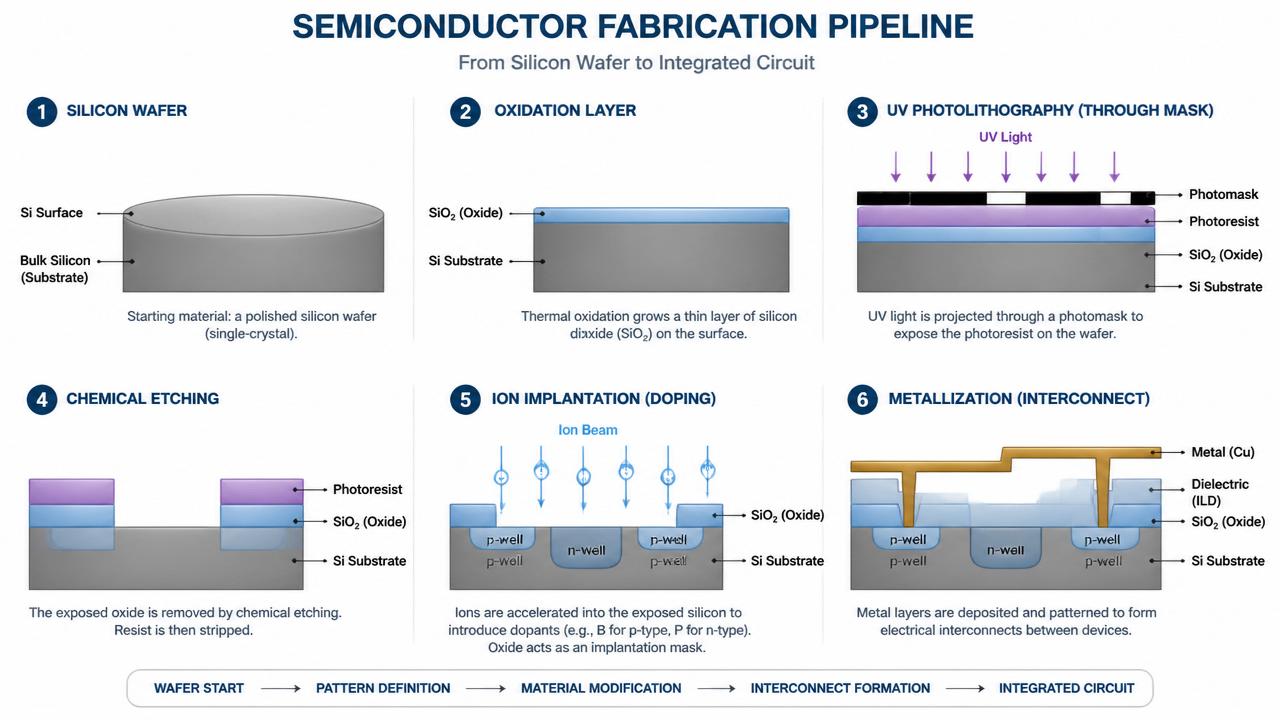 The six canonical stages of chip fabrication, cross-section view.